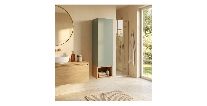 Ensemble OSTER vert et chêne clair : rangement suspendu avec porte et niche visibles mis en situation