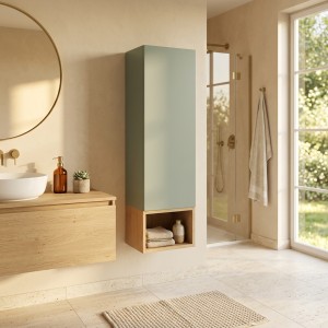 Ensemble OSTER vert et chêne clair : rangement suspendu avec porte et niche visibles mis en situation