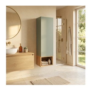 Ensemble OSTER vert et chêne clair : rangement suspendu avec porte et niche visibles mis en situation