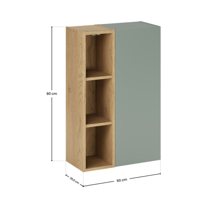 Mobile da parete OSTER 50cm – mobile sospeso verde salvia con 1 porta e 3 nicchie visibili in rovere chiaro