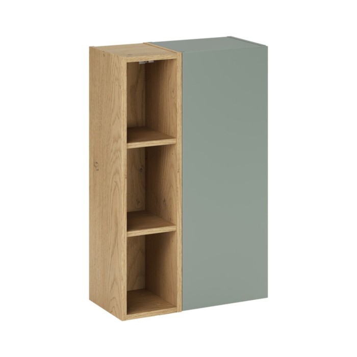 Mobile da parete OSTER 50cm – mobile sospeso verde salvia con 1 porta e 3 nicchie visibili in rovere chiaro