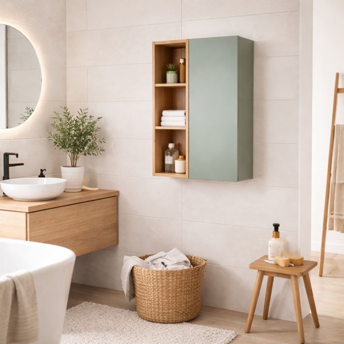 Mobile da parete OSTER 50cm – mobile sospeso verde salvia con 1 porta e 3 nicchie visibili in rovere chiaro