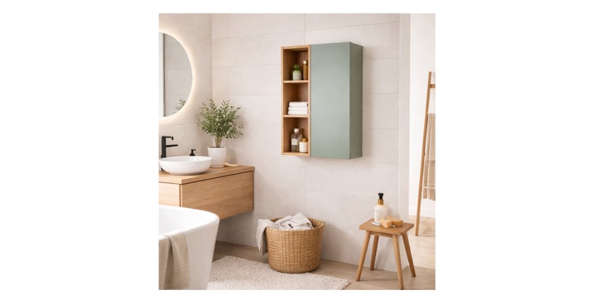 Ensemble OSTER vert et chêne clair : meubles de rangement avec porte et 3 niches visibles mis en situation