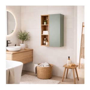 Ensemble OSTER vert et chêne clair : meubles de rangement avec porte et 3 niches visibles mis en situation