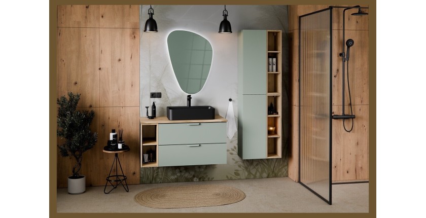 Ensemble OSTER vert et chêne clair : rangements suspendus 2 portes et 6 niches visibles mis en situation