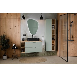 Ensemble OSTER vert et chêne clair : rangements suspendus 2 portes et 6 niches visibles mis en situation