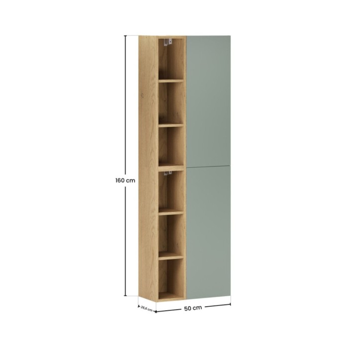 Mobili modulari da parete OSTER 50cm – mobili sospesi verde salvia 1 porta e 6 nicchie visibili effetto rovere chiaro
