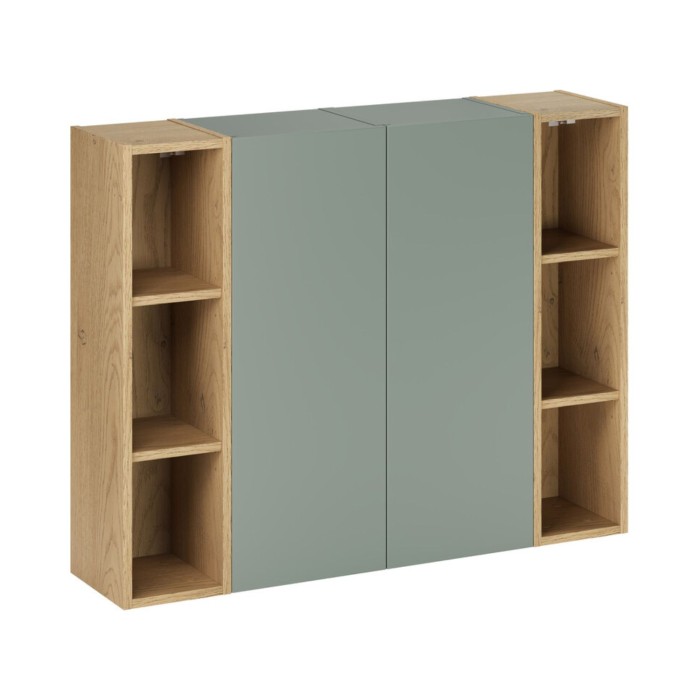 Mobili modulari da parete OSTER 50cm – mobili sospesi verde salvia 1 porta e 6 nicchie visibili effetto rovere chiaro