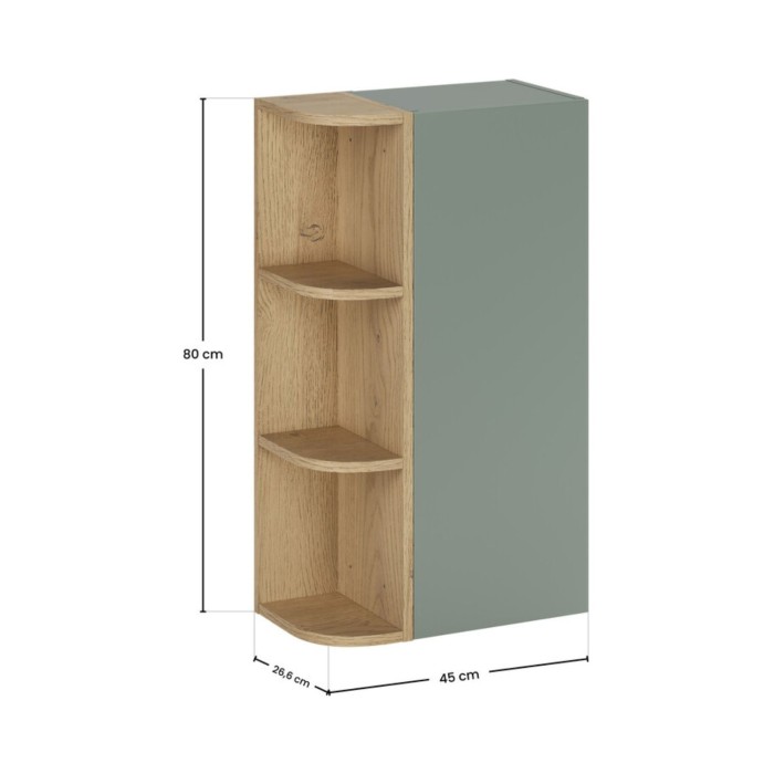 Mueble de almacenamiento OSTER 45cm – mueble colgante verde salvia 1 puerta y 3 nichos visibles redondeados aspecto roble claro