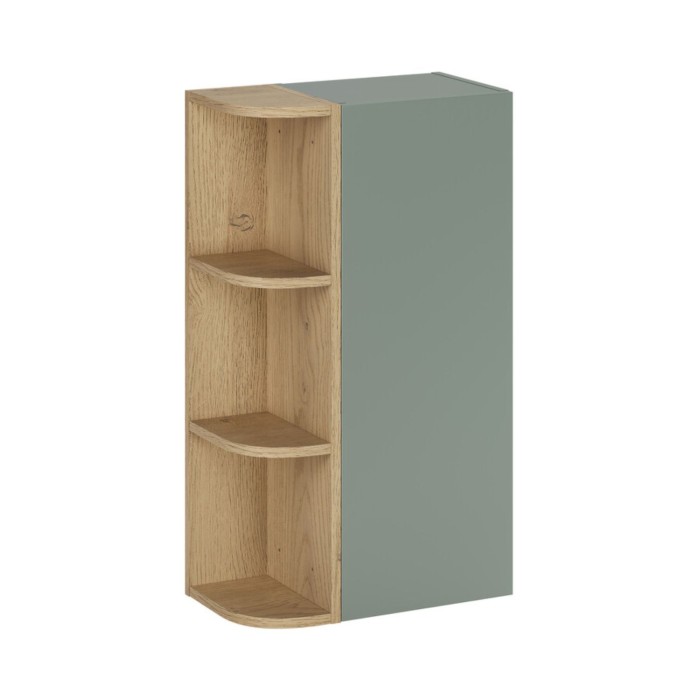 Mueble de almacenamiento OSTER 45cm – mueble colgante verde salvia 1 puerta y 3 nichos visibles redondeados aspecto roble claro