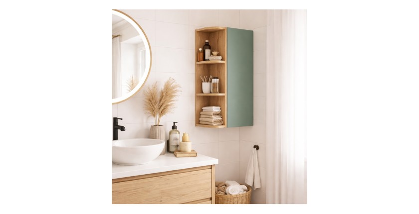 Ensemble OSTER vert et chêne clair : rangements suspendus 1 porte et 3 niches visibles arrondies mis en situation