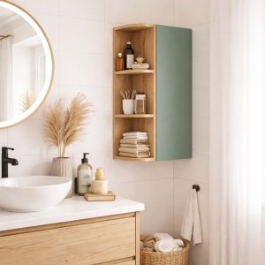 Ensemble OSTER vert et chêne clair : rangements suspendus 1 porte et 3 niches visibles arrondies mis en situation