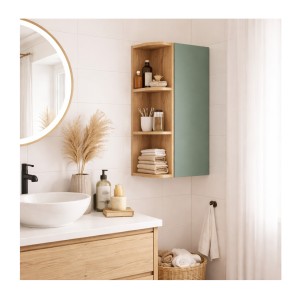 Ensemble OSTER vert et chêne clair : rangements suspendus 1 porte et 3 niches visibles arrondies mis en situation