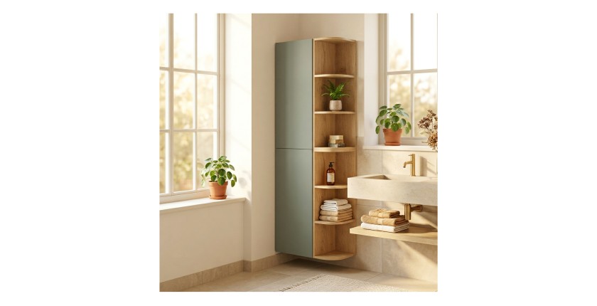 Ensemble OSTER vert et chêne clair : rangements suspendus 2 portes et 6 niches visibles arrondies mis en situation