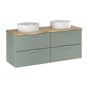 Ensemble OSTER vert et chêne clair 120cm : meubles sous vasque, plan pour vasque biseauté et vasque à poser