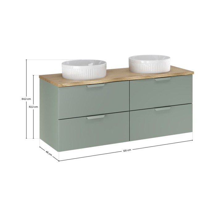 Hängendes Badezimmer-Set OSTER 60cm: Unterschrank mit Salbeigrünen Schubladen + eingelassenes weißes Waschbecken