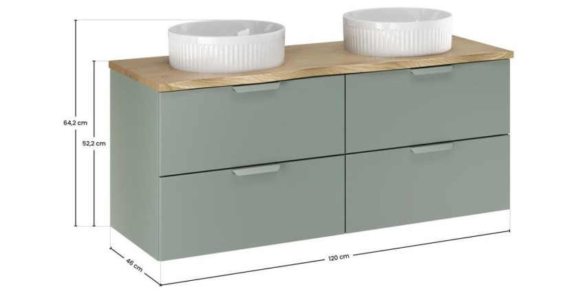 Ensemble OSTER vert et chêne clair 120cm : meubles sous vasque, plan pour vasque biseauté et vasque à poser dimensions
