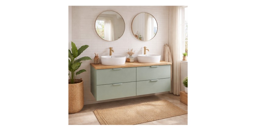 Ensemble OSTER vert et chêne clair 120cm : meubles sous vasque, plan pour vasque biseauté et vasque à poser mis en situation