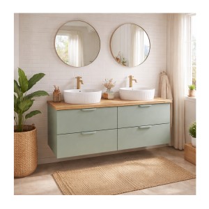 Ensemble OSTER vert et chêne clair 120cm : meubles sous vasque, plan pour vasque biseauté et vasque à poser mis en situation