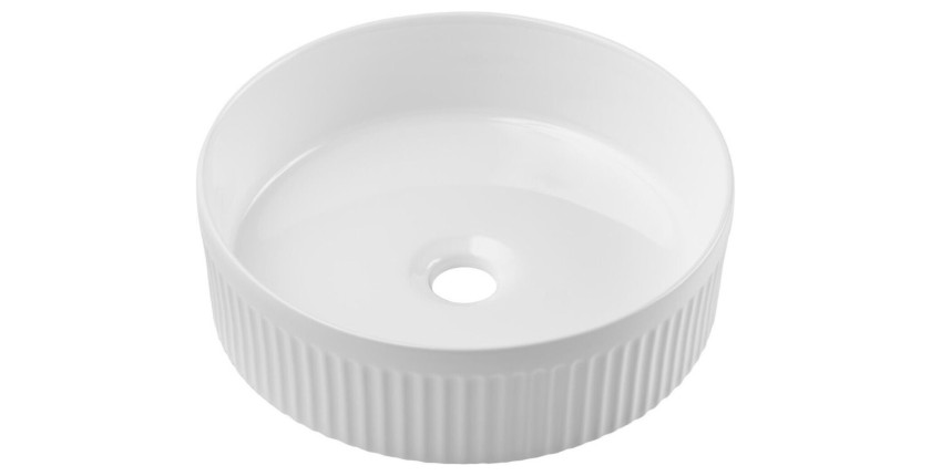 Vasque à poser ronde en céramique blanche rainurée verticalement