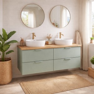 Ensemble OSTER vert et chêne clair 120cm : meubles sous vasque à tiroirs et plan pour vasque mis en situation