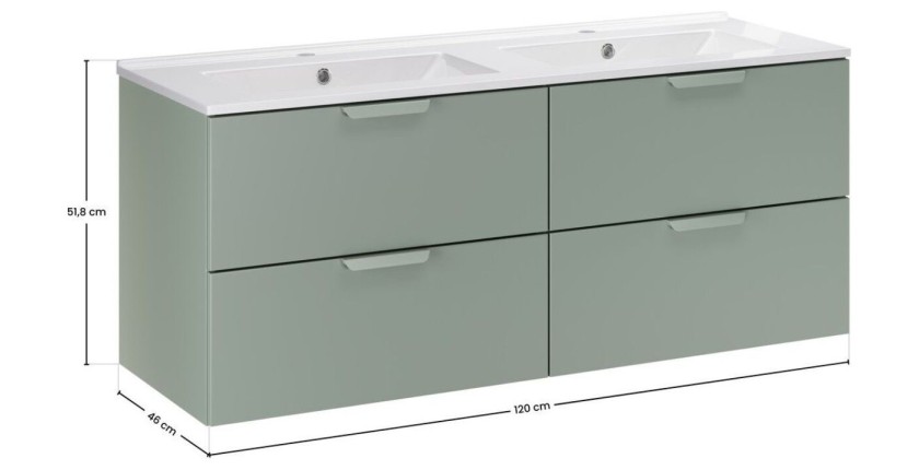 Ensemble OSTER vert 120cm : meubles sous vasque à tiroirs et double vasque encastrée blanche dimensions