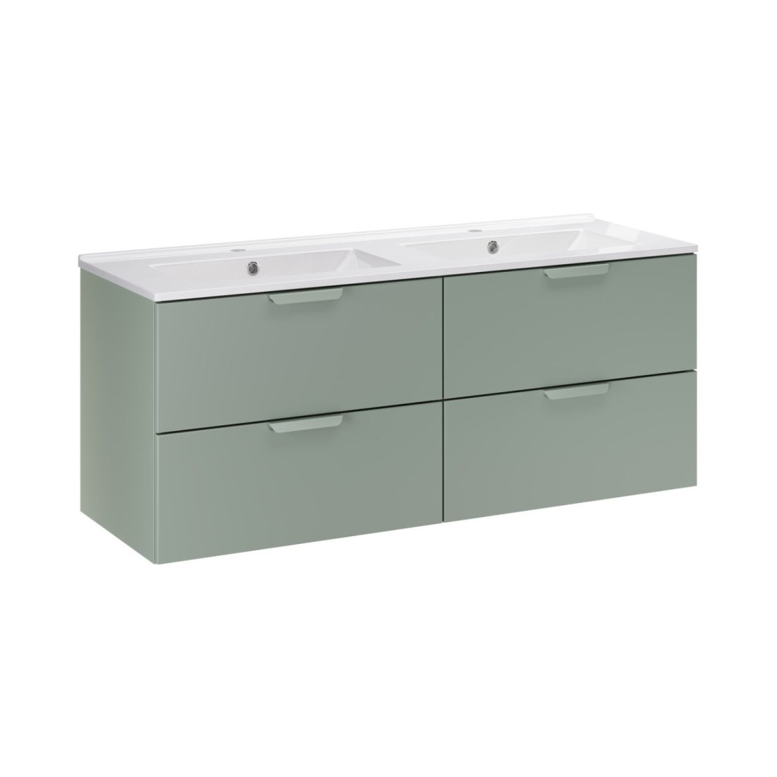 Ensemble OSTER vert 120cm : meubles sous vasque à tiroirs et double vasque encastrée blanche