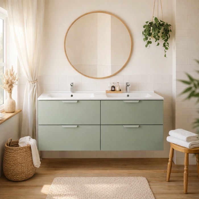 Badezimmer-Set OSTER 120cm: Unterschränke mit Salbei-grünen Schubladen + eingebaute Doppelwaschbecken in Weiß