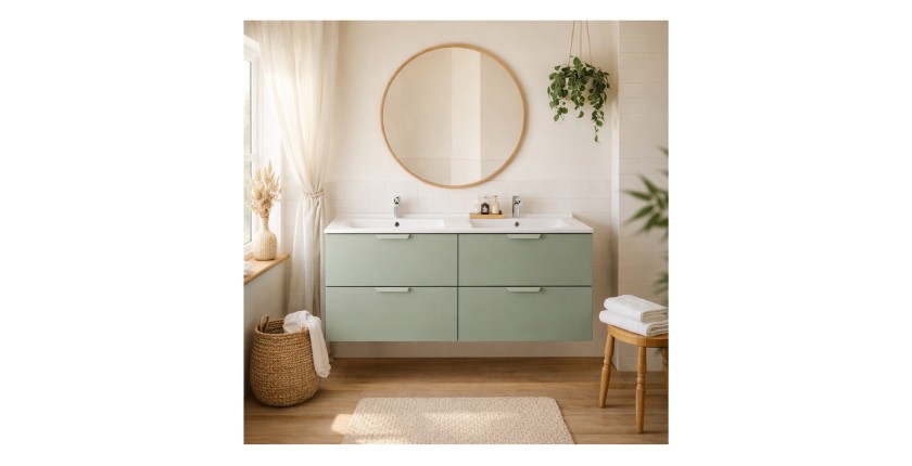 Ensemble OSTER vert 120cm : meubles sous vasque à tiroirs et double vasque encastrée blanche mis en situation
