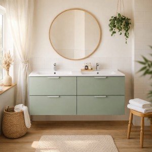 Ensemble OSTER vert 120cm : meubles sous vasque à tiroirs et double vasque encastrée blanche mis en situation