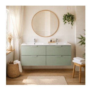 Ensemble OSTER vert 120cm : meubles sous vasque à tiroirs et double vasque encastrée blanche mis en situation