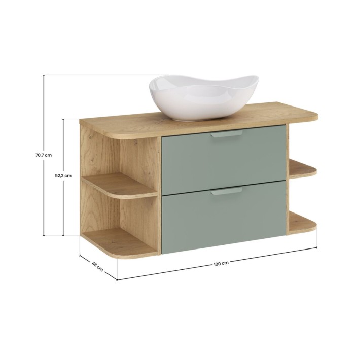 Insieme OSTER 100cm : mobile sottolavabo con cassetti verde salvia e nicchie a vista + piano per lavabo + lavabo da appoggio bia