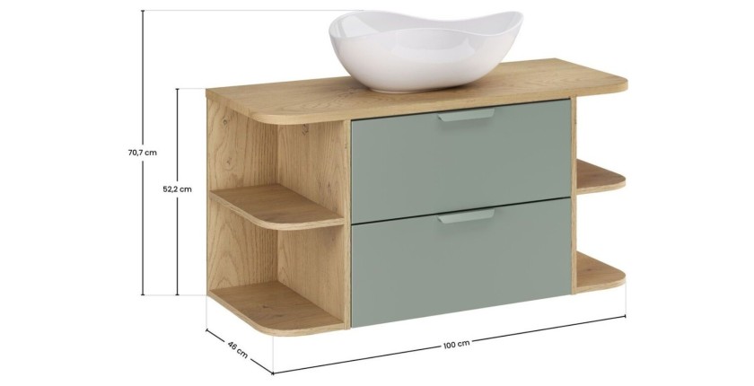 Ensemble OSTER vert et chêne clair 100cm : meuble sous vasque, niches visibles et vasque à poser dimensions
