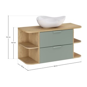 Ensemble OSTER vert et chêne clair 100cm : meuble sous vasque, niches visibles et vasque à poser dimensions