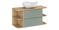 Ensemble OSTER vert et chêne clair 100cm : meuble sous vasque, niches visibles, plan pour vasque et vasque à poser