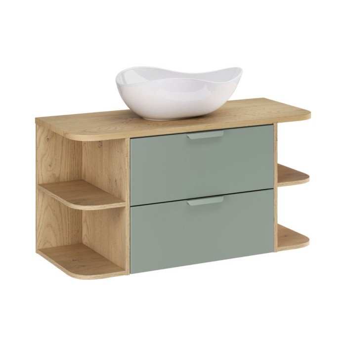 Insieme OSTER 100cm : mobile sottolavabo con cassetti verde salvia e nicchie a vista + piano per lavabo + lavabo da appoggio bia