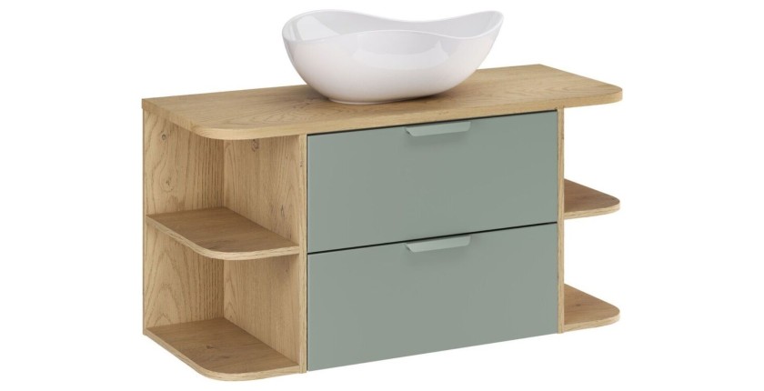 Ensemble OSTER vert et chêne clair 100cm : meuble sous vasque, niches visibles, plan pour vasque et vasque à poser