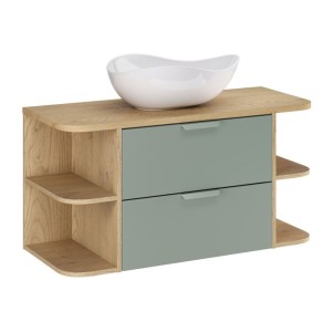 Ensemble OSTER vert et chêne clair 100cm : meuble sous vasque, niches visibles, plan pour vasque et vasque à poser