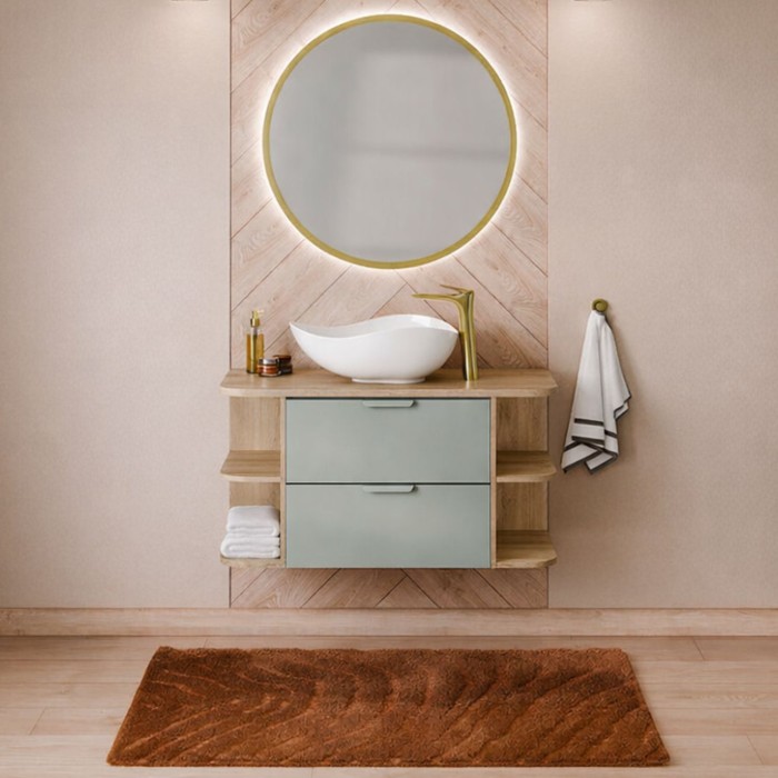 Insieme OSTER 100cm : mobile sottolavabo con cassetti verde salvia e nicchie a vista + piano per lavabo + lavabo da appoggio bia
