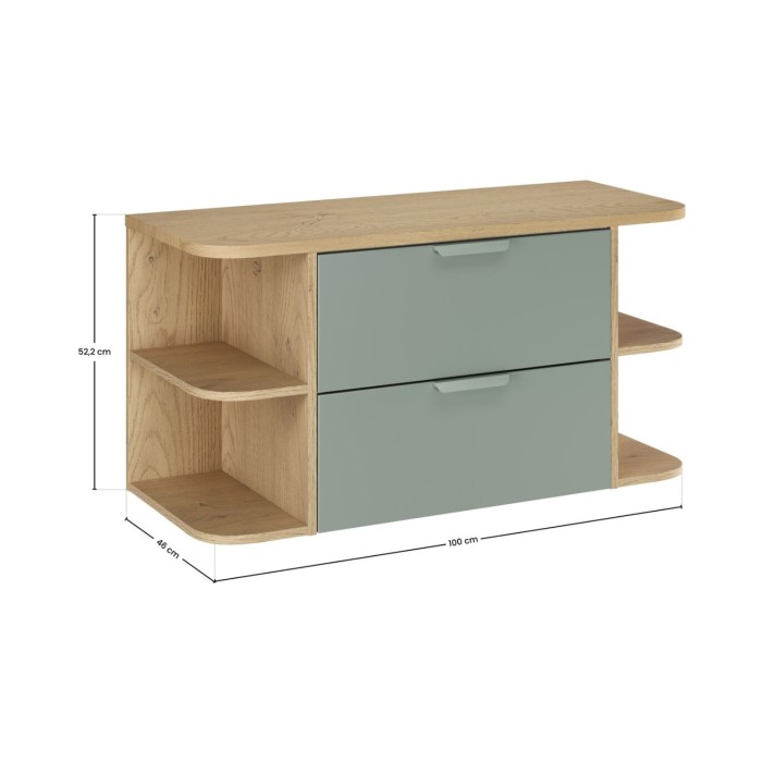 Insieme OSTER 100cm: mobile sottolavabo con cassetti verde salvia e nicchie a vista + piano per lavabo effetto rovere chiaro