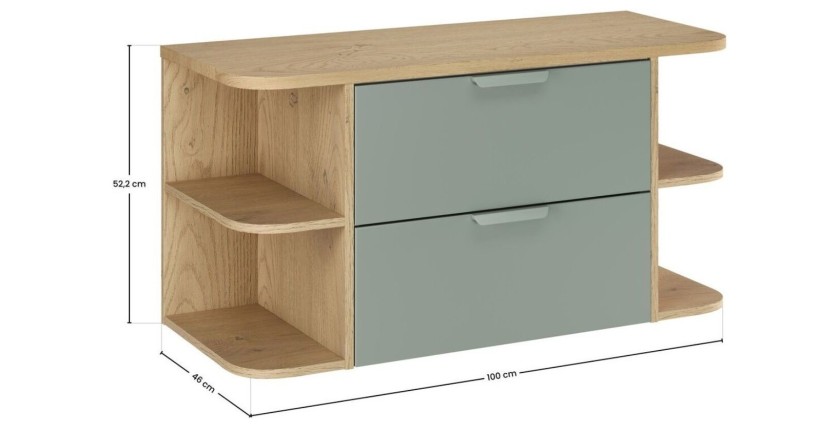 Ensemble OSTER vert et chêne clair 100cm : meuble sous vasque, niches visibles et plan pour vasque dimensions