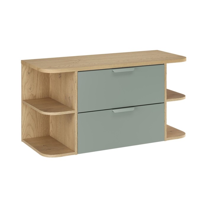 Insieme OSTER 100cm: mobile sottolavabo con cassetti verde salvia e nicchie a vista + piano per lavabo effetto rovere chiaro