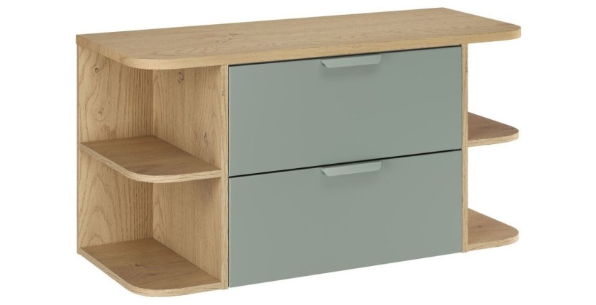 Ensemble OSTER vert et chêne clair 100cm : meuble sous vasque, niches visibles et plan pour vasque