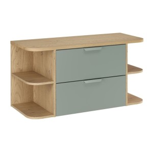 Ensemble OSTER vert et chêne clair 100cm : meuble sous vasque, niches visibles et plan pour vasque