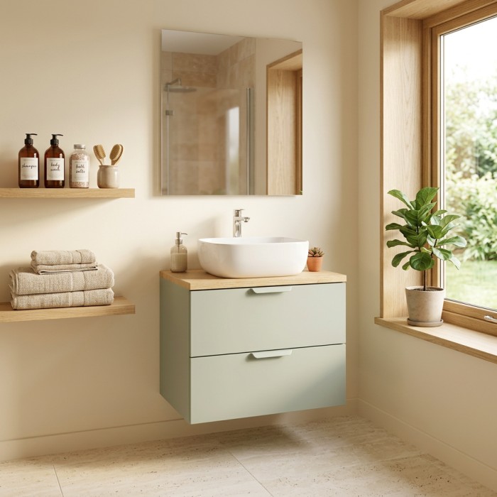 Conjunto OSTER 60cm: mueble bajo lavabo con cajones en verde salvia + encimera de aspecto roble claro + lavabo sobre encimera cu