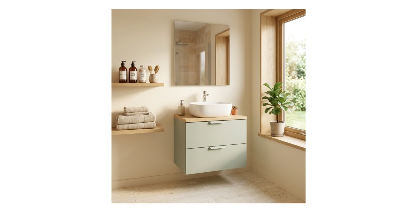 Ensemble OSTER vert et chêne clair 60cm : meuble sous vasque à tiroirs, plan pour vasque et vasque à poser mis en situation