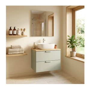 Ensemble OSTER vert et chêne clair 60cm : meuble sous vasque à tiroirs, plan pour vasque et vasque à poser mis en situation