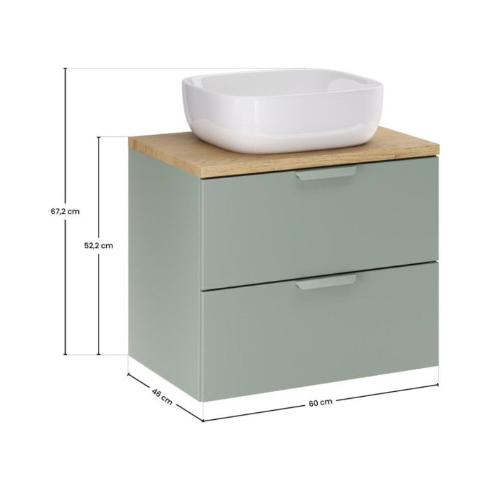 Conjunto OSTER 60cm: mueble bajo lavabo con cajones en verde salvia + encimera de aspecto roble claro + lavabo sobre encimera cu