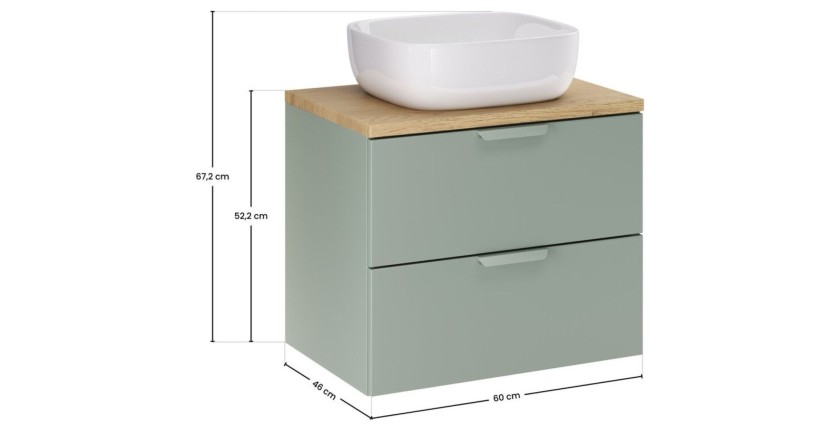 Ensemble OSTER vert et chêne clair 60cm : meuble sous vasque à tiroirs, plan pour vasque et vasque à poser dimensions