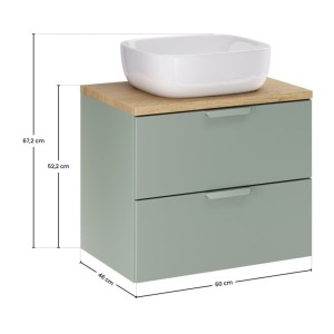 Ensemble OSTER vert et chêne clair 60cm : meuble sous vasque à tiroirs, plan pour vasque et vasque à poser dimensions